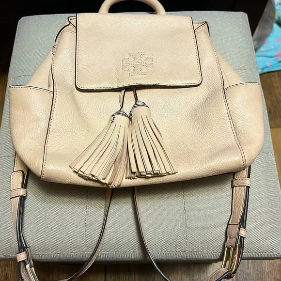 Tory Burch Cream Pebbled Leather Backpack with Tassels - Picture 1 of 4